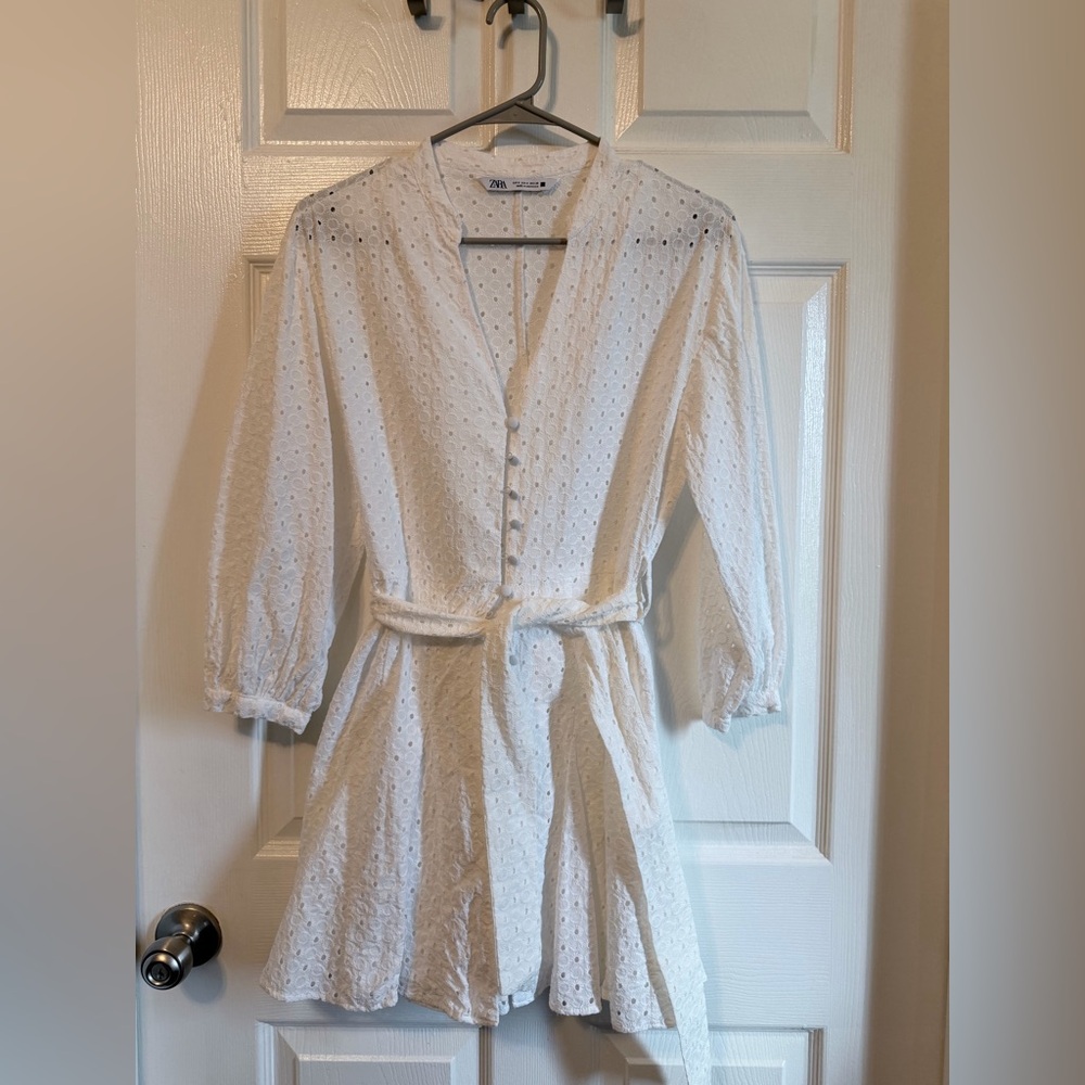 Zara White Eyelet V-Neck Dress